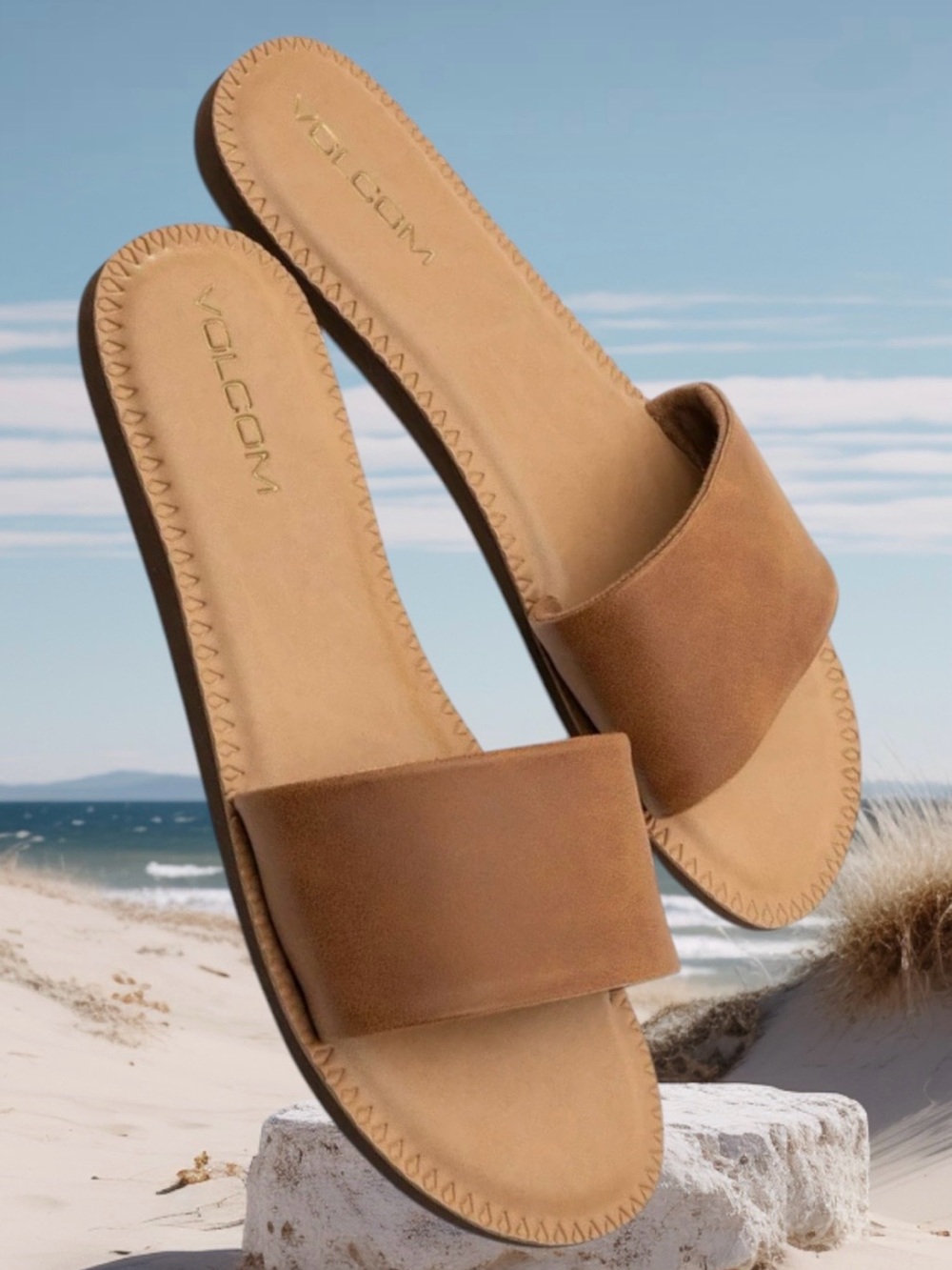 2 for $30 | Volcom Tan Simple Slides Sandals with Wide Suede Strap